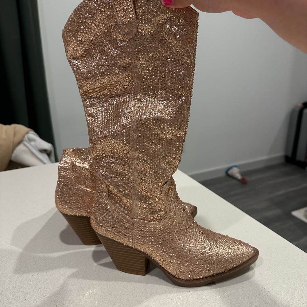 Rose Gold Rhinestone Under Knee Cowboy Boots